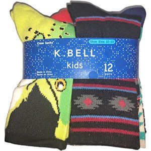 K. Bell Boys Crew Socks 12 Pack Mixed Designs Shoe Size 10-13